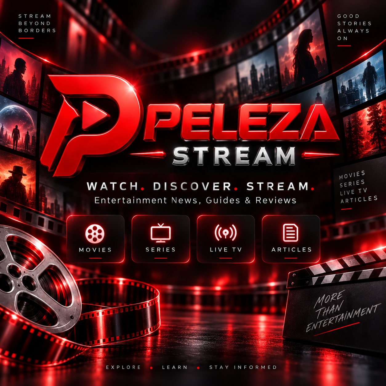 Peleza Stream entertainment branding illustrating global movies, series, live TV and articles