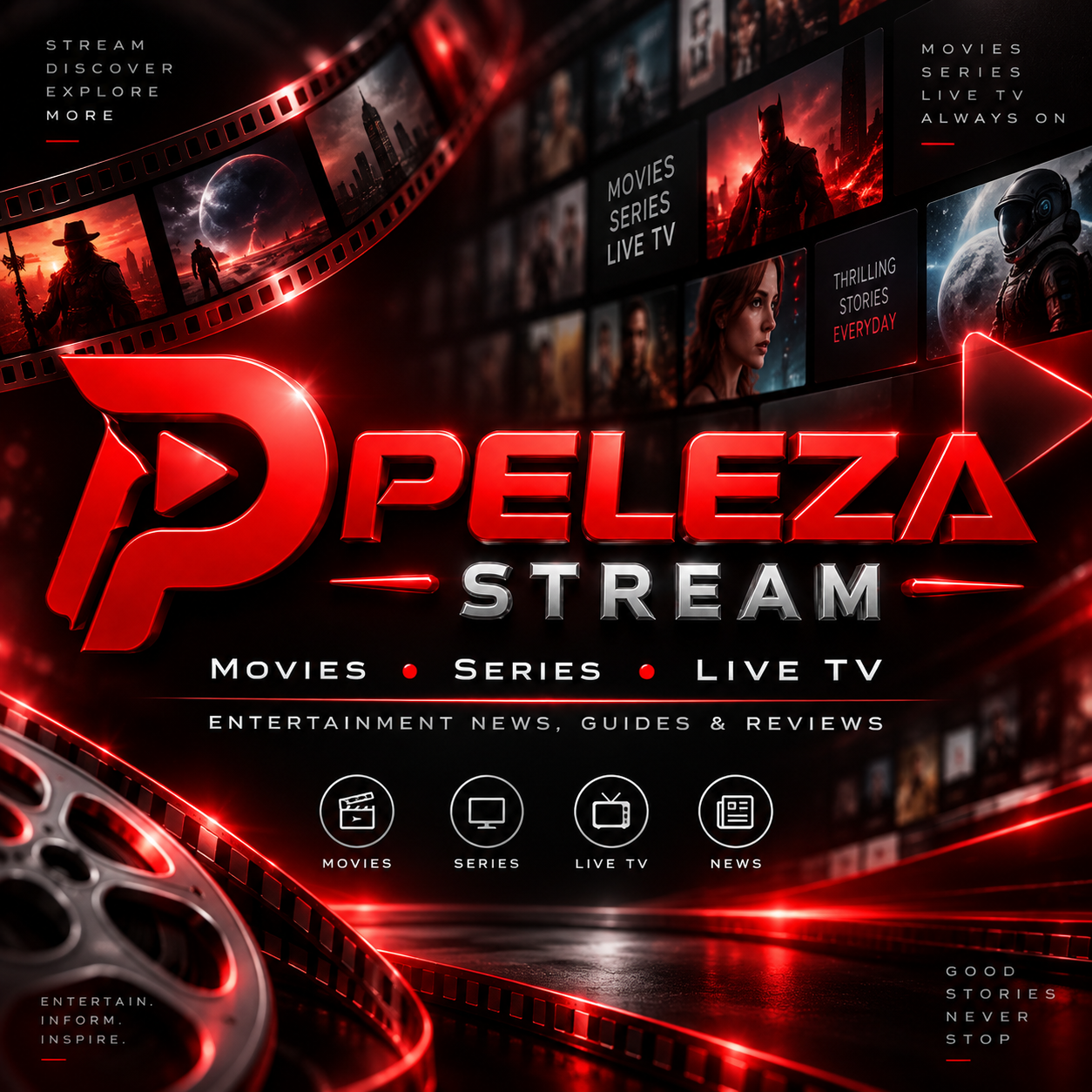 Peleza Stream branded series and television guide graphic in red black and silver